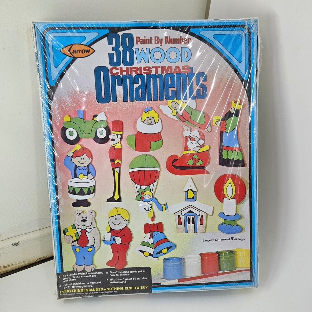 Vtg 1976 Arrow Paint By Number 38 Wood Christmas Ornaments Craft Kit New Sealed